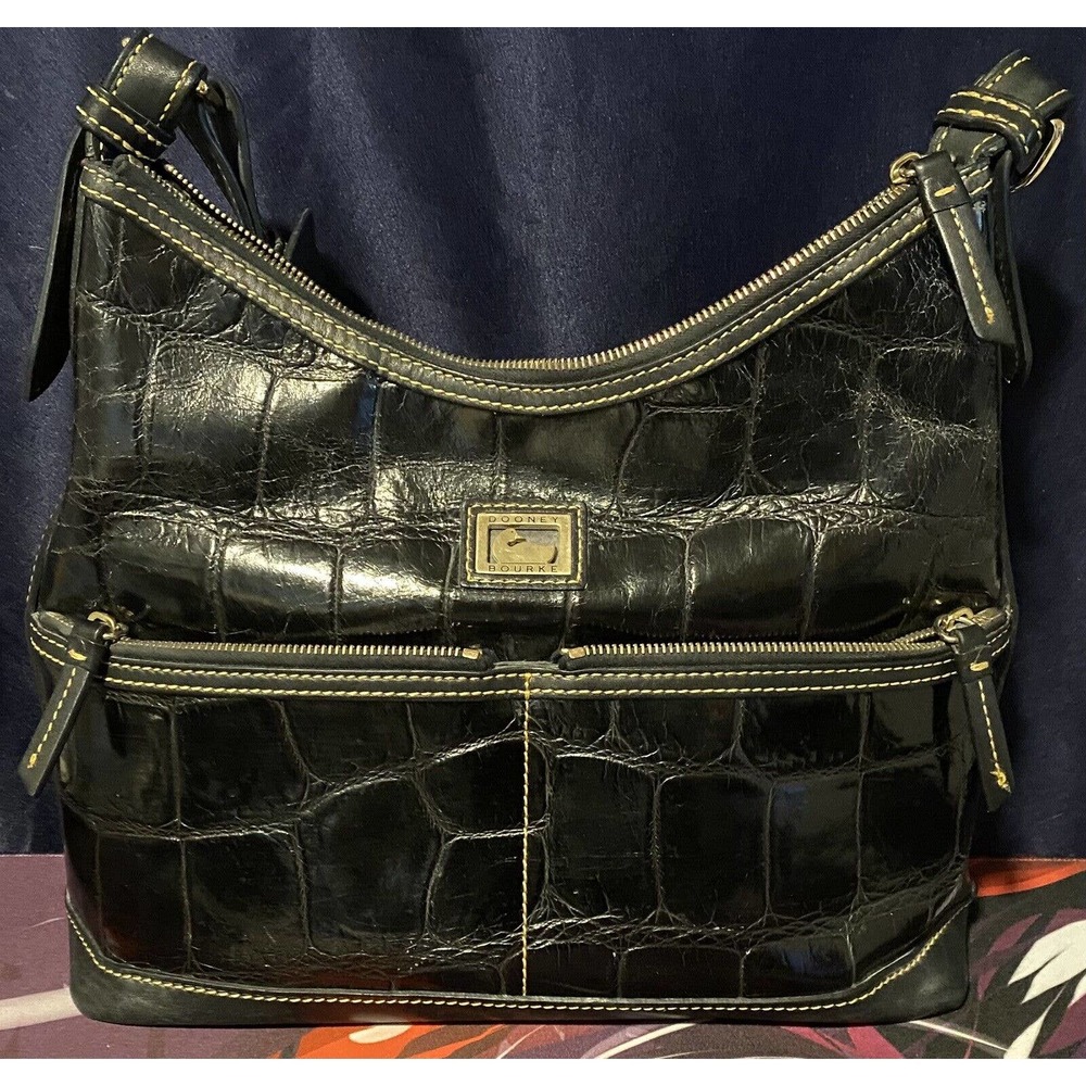 Dooney & Bourke Black Patent Handbag Embossed Leather Shoulder Hobo Purse